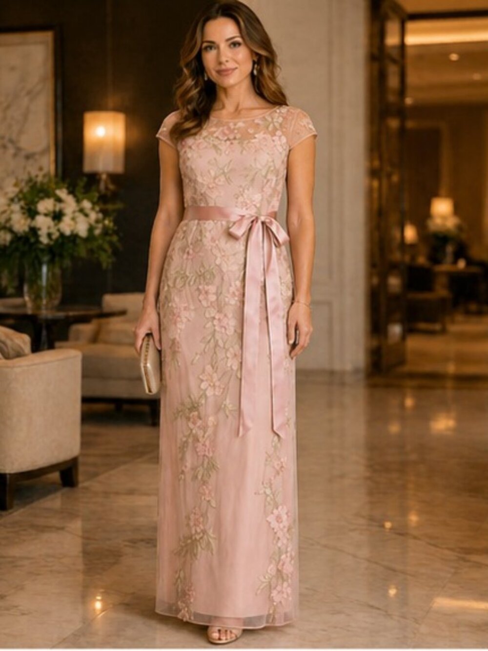 ADRIANNA PAPELL Blush Floral Embroidered Column Gown Size 10 NWT Formal Luxury - Picture 2 of 6